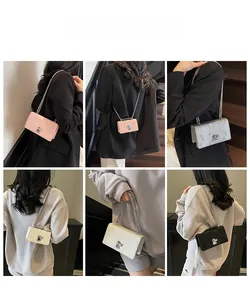 Collage of four stylish fish-scale pattern chain cross-body bags in pink, silver, white and black