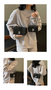 Detail of black fish-scale pattern crossbody bags in medium and small sizes with silver chains