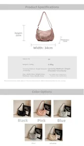 Detailed size chart and multi-color options for the stylish PU hobo shoulder bag