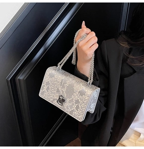 Detail of silver snakeskin texture handbag with metal chain strap and keyhole lock