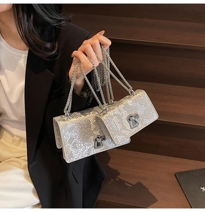 Detailed view of silver fish-scale embossed chain bag with metallic lock and dual sizes