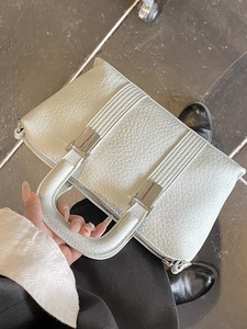 Minimalist light grey structured PU leather handbag with silver hardware for women