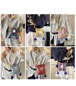 Collage of model styling views featuring retro plaid fabric crossbody bags with tassels