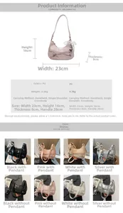 Size guide for crescent moon bag showing dimensions 23x16x8cm and four color options