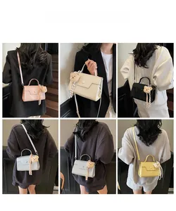 Detail shots of solid color crossbody bags in six colors with cute bear charms
