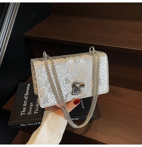 Detailed view of silver fish scale textured square bag with polished chain strap