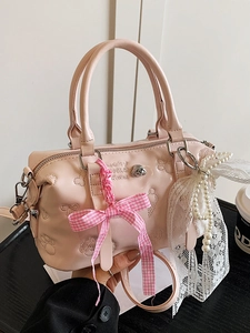 Korean Sweet Girl Style Embossed PU Leather Boston Bag Small Commuter Crossbody Handbag With Bow Artificial Pearl Lace Charms For Women