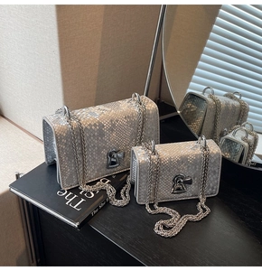 Detail of silver fish-scale texture leather bags with chain straps in two sizes