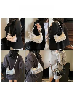 Collage of chic crescent underarm bags with ribbon bows and pearls in six versatile colors