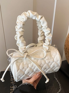 Sac Boston Femme Matelassé Cœur Cuir PU Poignée Scrunchie Nœud Sac à Épaule Mode Cylindre Chaîne Sac Bandoulière