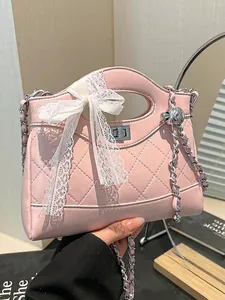 French Elegant Quilted Chain Bucket Bag For Women Fashion PU Leather Crossbody Bag With Lace Bow Shoulder Handbag Party Purse