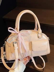 Women French Sweet Sweet Bow Lace PU Leather Boston Bag Glossy Square Handheld Crossbody Bag Double Pocket Shoulder Bag