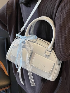 French style light grey patent leather Boston bag with a blue bow for women