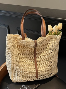 Women Large Capacity Woven Straw Tote Bag Casual Beach Vacation Style Hollow Out Shoulder Bag With Leather Strap