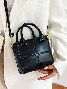 Sac seau minimaliste en cuir PU noir avec motif à carreaux croisés et finitions dorées