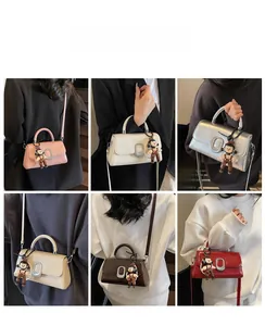 Collage of mini crossbody square bags in six colors with stylish metallic lock and charms