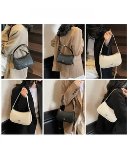 Collage of model wearing minimalist woven crescent underarm bags in black and beige colors