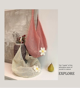 Close-up of handmade crochet tote bag with 3D daisy patterns and woven hollow texture