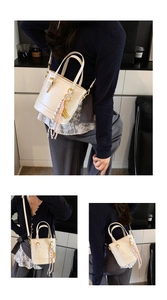 Vertical collage showing a white leather bucket bag with tassel from multiple body angles