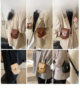 Collage of chic mini flap crossbody bags with chain straps in four trendy colors