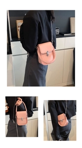 Pink crossbody bag with circular handle and silver twist lock in multiple views
