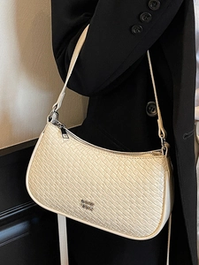Chic beige woven leather underarm baguette bag with metallic logo and silver hardware