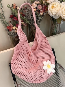 Boho Knit Hollow Out Crochet Shoulder Bag For Women Large Capacity Woven Daisy Flower Tote Beach Travel Casual Handbag