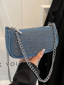 Γυναικεία Τσάντα Μασχάλης Denim Y2K Στυλ Τσάντα Baguette με Στρας Μοντέρνο Σχέδιο Ασημένια Αλυσίδα Τσάντα Χιαστί για Πάρτι