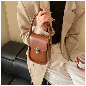 Detail shot of a brown leather bag with a silver twist lock and fine chain strap