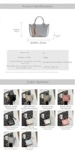 Detailed size chart for the PU leather bucket bag with dimensions 23x16x8cm and strap options
