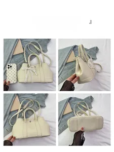 Vue détaillée sous quatre angles du sac seau crème avec nœud en dentelle et perles