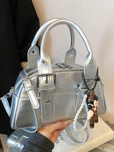 Metallic silver Boston handbag with top handles and adjustable strap for women