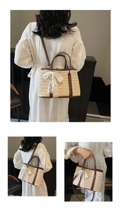 Détails du sac seau en paille avec poignées en cuir, nœud en dentelle et bandoulière