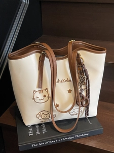 Large Capacity PU Leather Tote Bag For Women Cute Cat Embroidery Contrast Color Shoulder Bag Fashion Casual Commuting Underarm Bag