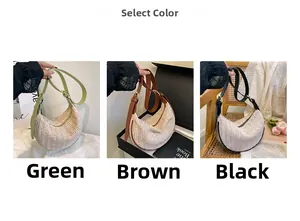 Detailed view of woven straw crossbody bags in green, brown and black colors