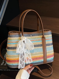 Sac Seau Tissé en Paille Arc-en-ciel Style Coréen Élégant Décontracté Vacances Sac Bandoulière Avec Nœud en Dentelle