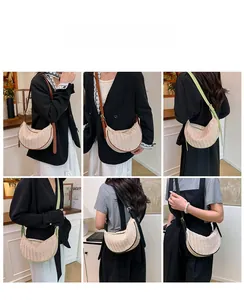 Detail shots of striped dumpling bags with various strap colors in woven straw texture