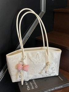 Women Sweet Lace Butterfly Embroidery Shoulder Bag 3D Butterfly Underarm Tote Bag With Artificial Pearl Bow Pendant Retro Handbag