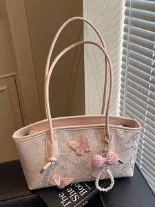 Pink sweet-style tote bag with white lace, butterfly embroidery and pearl chain charm
