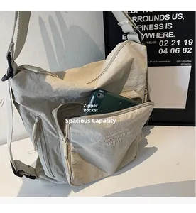 Detail of beige nylon crossbody bag with multiple zipper pockets and tablet storage space