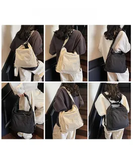 Detailed views of versatile large capacity tote bag shown in various carrying styles and colors