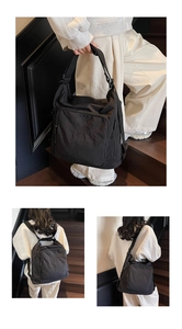 Three-way black nylon tote bag showing handheld, backpack, and crossbody wearing styles
