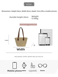 Size guide for woven straw tote showing dimensions and large capacity for A4 and iPad