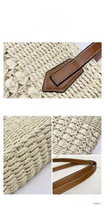 Detailed view of straw weave texture and brown leather strap with contrast white stitching