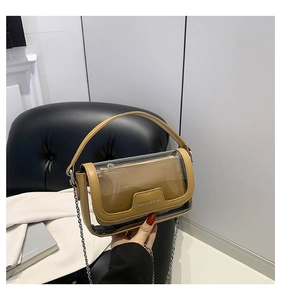 Détail du sac à main en PVC transparent avec pochette en cuir et bandoulière en chaîne