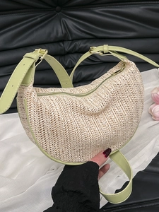 Women Summer Straw Woven Crossbody Bag Casual Half Moon Shoulder Bag With Contrast Color Leather Trim Zipper Travel Handbag