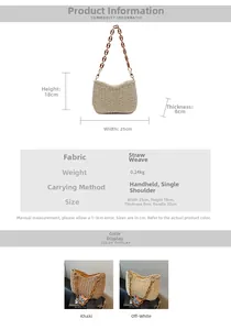 Detailed size chart and color comparison for the summer straw handbag with chain strap