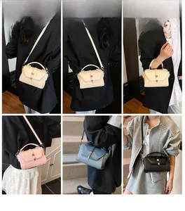 Multiple views showing a woman wearing a stylish faux leather crossbody bag in four colors