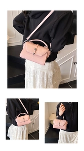 Pink woven texture crossbody bag with silver hardware shown in various styling views