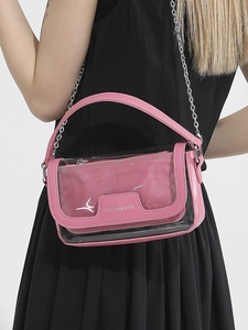 Sac bandoulière en PVC transparent rose avec chaîne argentée et emblème d'oiseau